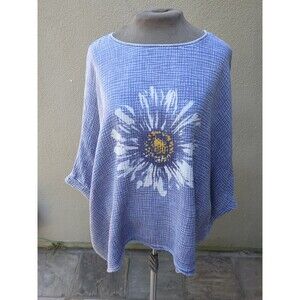 Jess & Jane Mineral Wash Top Med Tunic Shirt Daisy Floral Scarf Hem Relxed